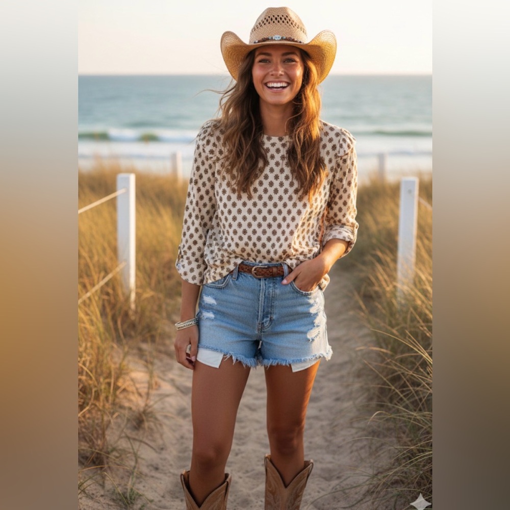 NWT‎ Democracy Cream and Brown Patterned Long Sleeve Top size L